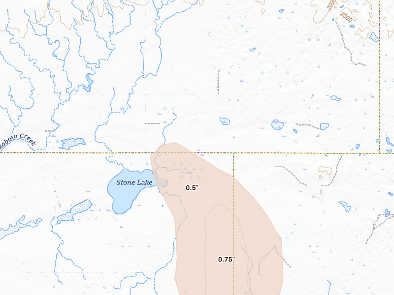 Radar-estimated hail-size map of the storm over Lebanon, SD on Jul 4, 2026