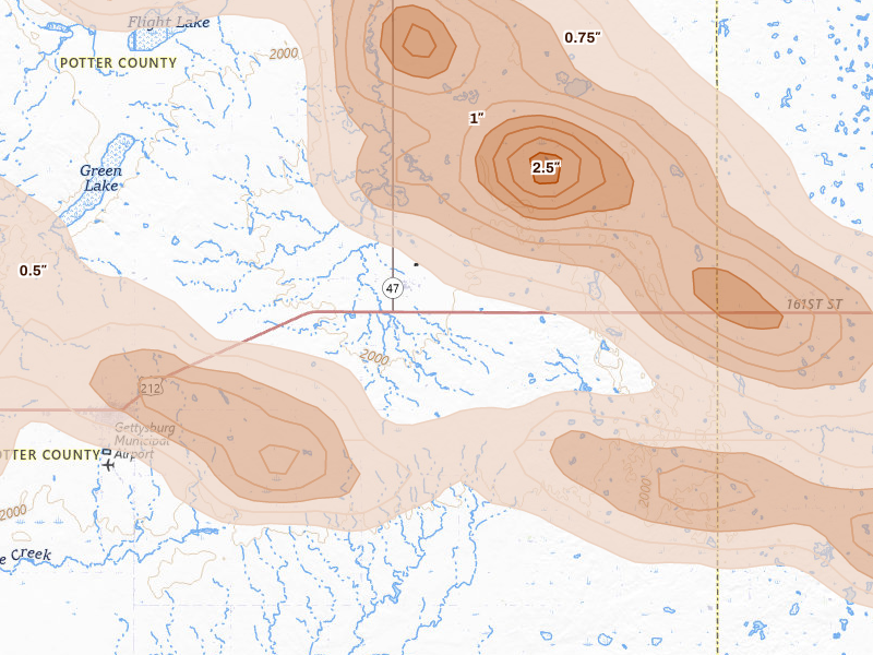 Radar-estimated hail-size map of the storm over Lebanon, SD on Aug 29, 2026