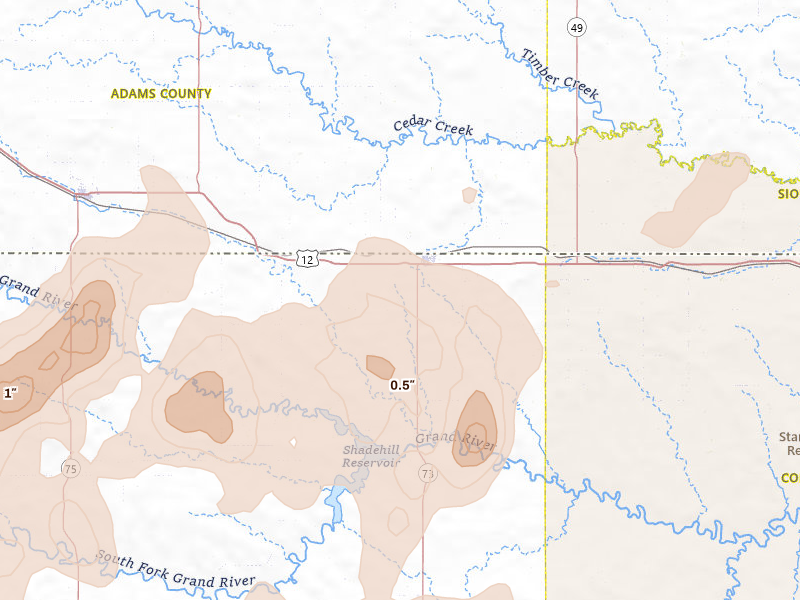 Radar-estimated hail-size map of the storm over Lemmon, SD on Jun 7, 2026