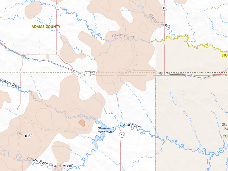 Radar-estimated hail-size map of the storm over Lemmon, SD on Jun 27, 2026
