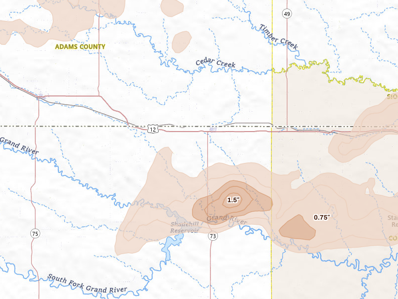 Radar-estimated hail-size map of the storm over Lemmon, SD on Jul 1, 2026