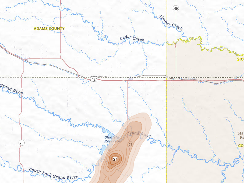 Radar-estimated hail-size map of the storm over Lemmon, SD on Jul 2, 2026