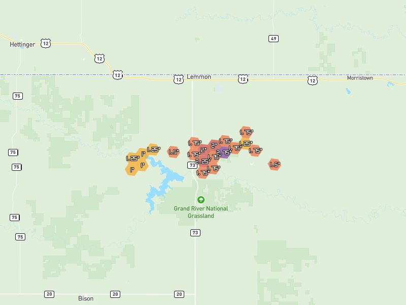 Hail map of Lemmon, SD on Jul 2, 2026, hail up to 2.75"