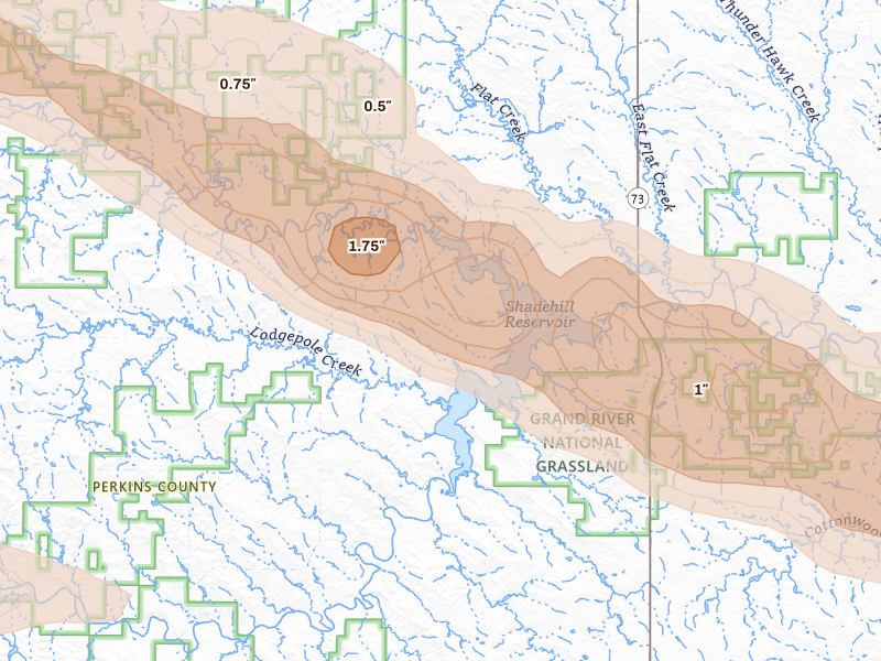 Radar-estimated hail-size map of the storm over Lemmon, SD on Aug 17, 2026