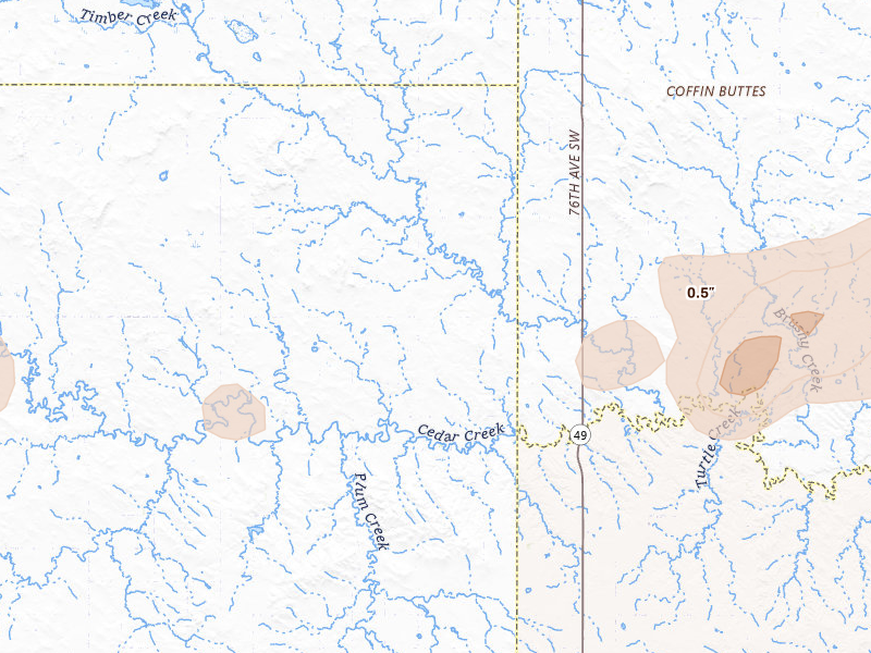 Radar-estimated hail-size map of the storm over Lemmon, SD on Aug 30, 2026