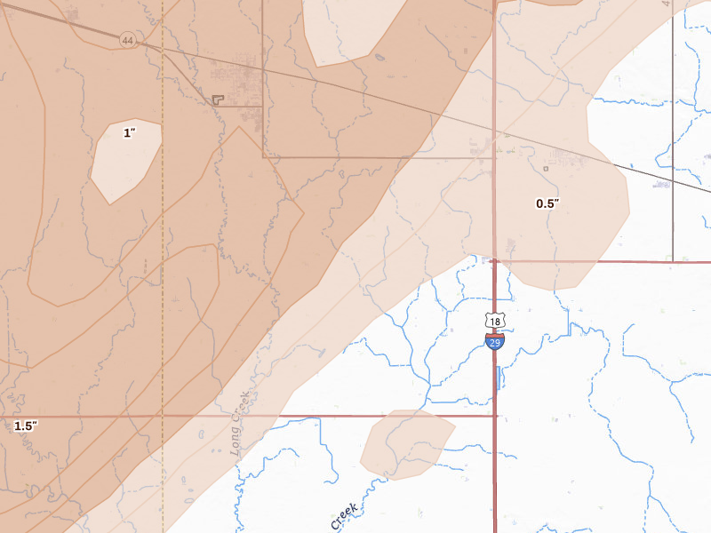 Radar-estimated hail-size map of the storm over Lennox, SD on May 17, 2026