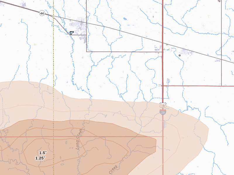 Radar-estimated hail-size map of the storm over Lennox, SD on May 31, 2026