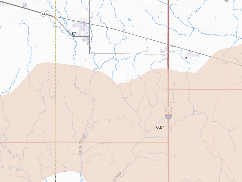 Radar-estimated hail-size map of the storm over Lennox, SD on Jun 27, 2026
