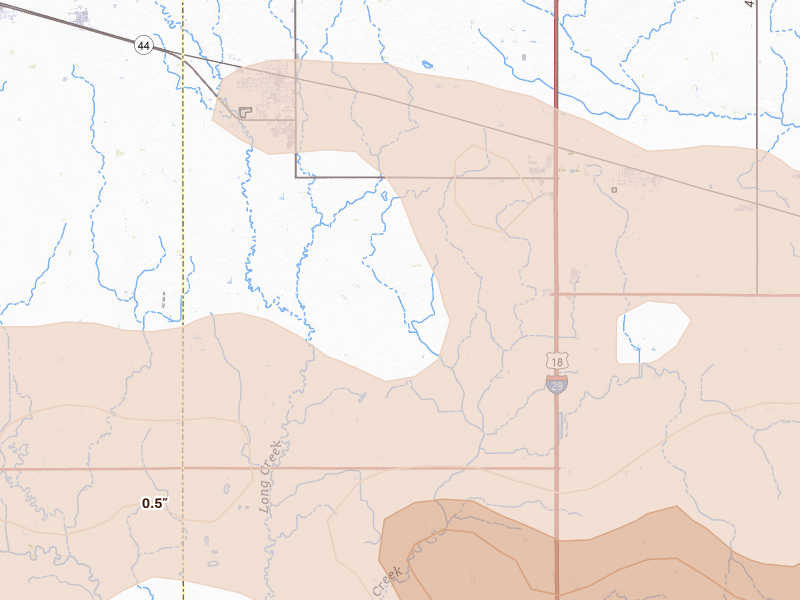 Radar-estimated hail-size map of the storm over Lennox, SD on Aug 10, 2026