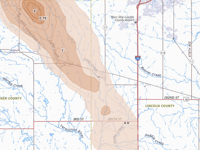 Radar-estimated hail-size map of the storm over Lennox, SD on Aug 20, 2026