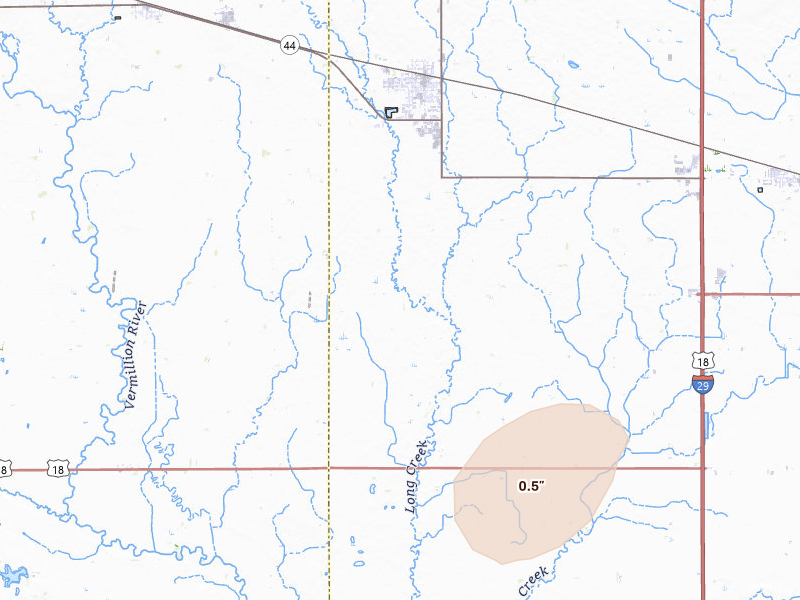 Radar-estimated hail-size map of the storm over Lennox, SD on Sep 1, 2026