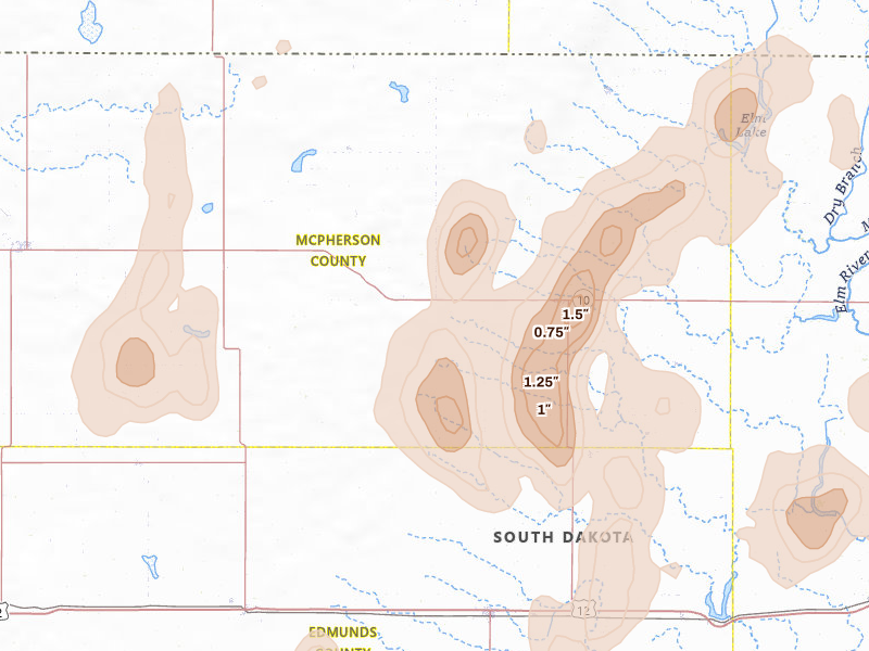 Radar-estimated hail-size map of the storm over Leola, SD on May 31, 2026