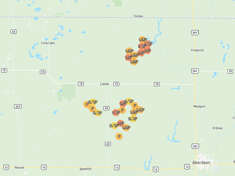 Hail map of Leola, SD on Jun 1, 2026, hail up to 1.75"