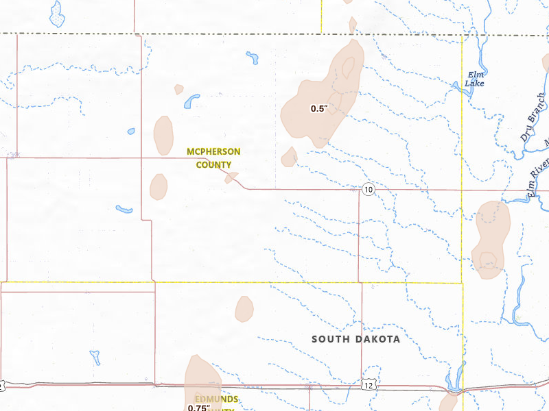 Radar-estimated hail-size map of the storm over Leola, SD on Jun 27, 2026