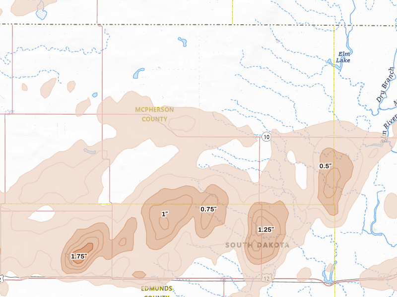 Radar-estimated hail-size map of the storm over Leola, SD on Jul 7, 2026