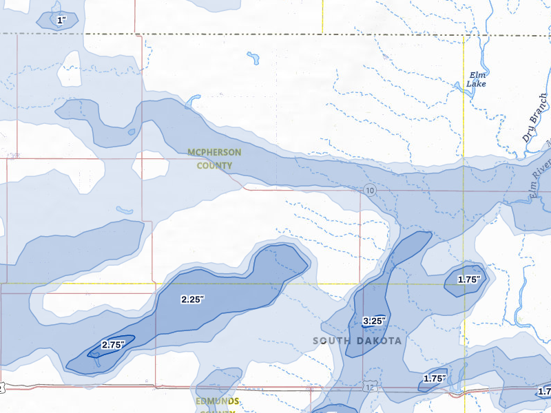 NEXRAD radar-signature map of the hail storm over Leola, SD on Jul 7, 2026
