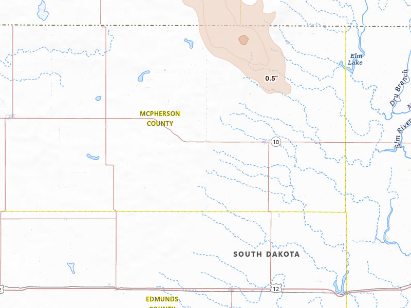 Radar-estimated hail-size map of the storm over Leola, SD on Jul 9, 2026
