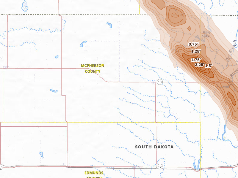 Radar-estimated hail-size map of the storm over Leola, SD on Jul 24, 2026