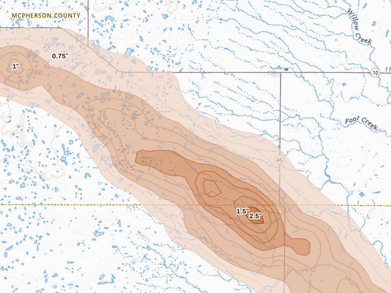 Radar-estimated hail-size map of the storm over Leola, SD on Aug 24, 2026