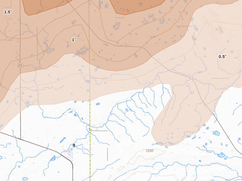 Radar-estimated hail-size map of the storm over Lesterville, SD on May 17, 2026