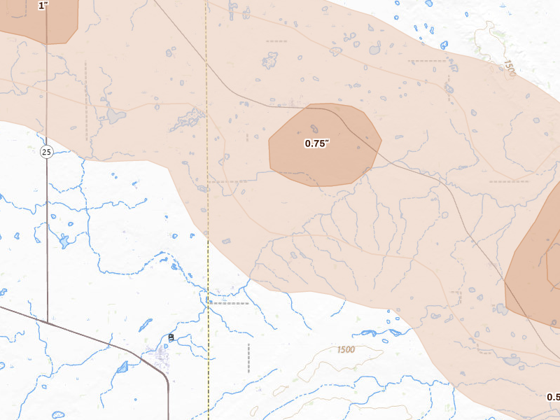 Radar-estimated hail-size map of the storm over Lesterville, SD on May 24, 2026