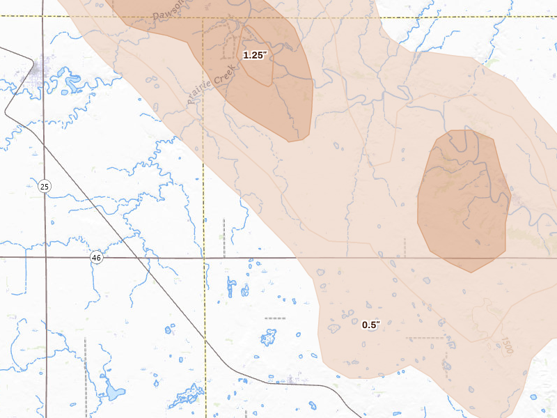Radar-estimated hail-size map of the storm over Lesterville, SD on Aug 20, 2026