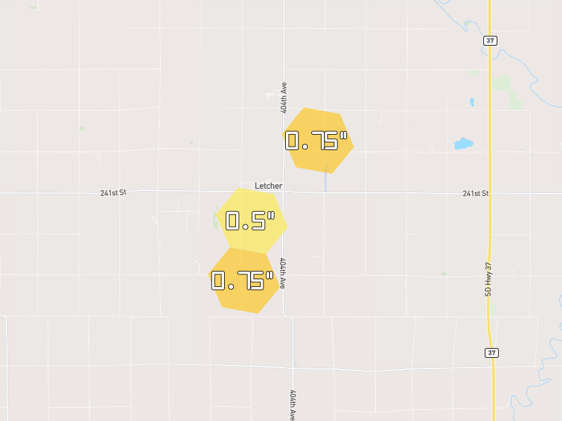 Hail map of Letcher, SD on Jul 1, 2026, hail up to 0.75"