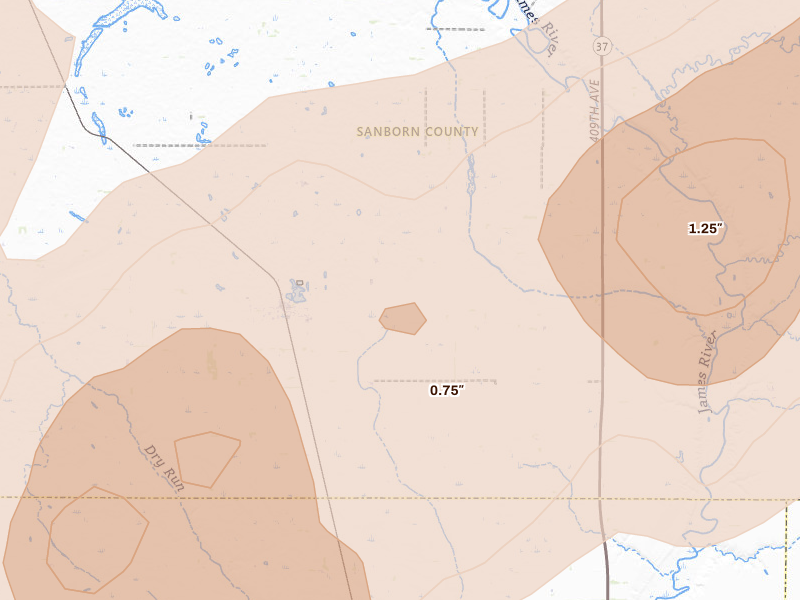 Radar-estimated hail-size map of the storm over Letcher, SD on Jul 2, 2026