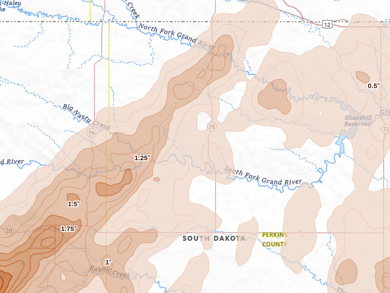 Radar-estimated hail-size map of the storm over Lodgepole, SD on Jun 7, 2026
