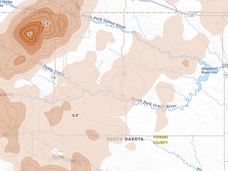 Radar-estimated hail-size map of the storm over Lodgepole, SD on Jun 27, 2026