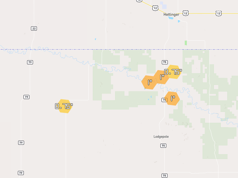 Hail map of Lodgepole, SD on Jun 27, 2026, hail up to 1"