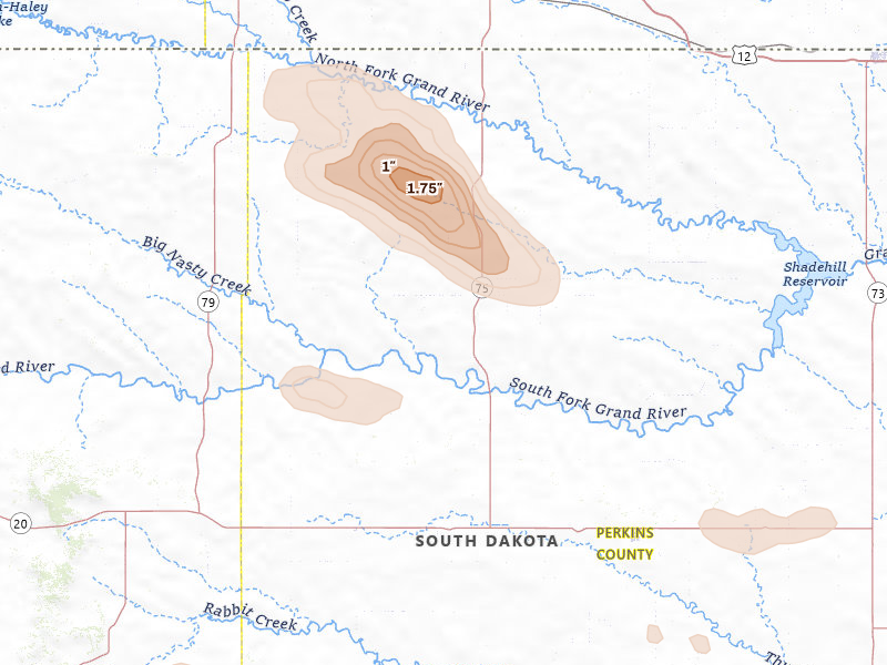 Radar-estimated hail-size map of the storm over Lodgepole, SD on Jul 9, 2026