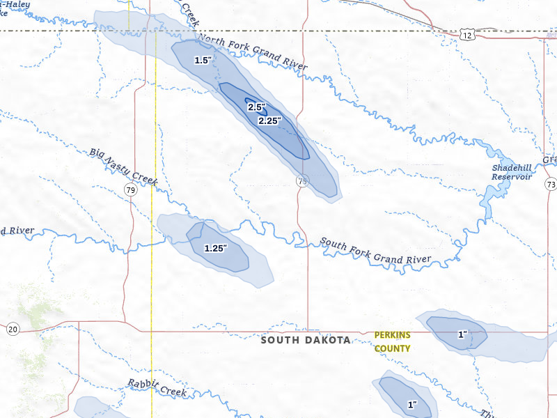 NEXRAD radar-signature map of the hail storm over Lodgepole, SD on Jul 9, 2026