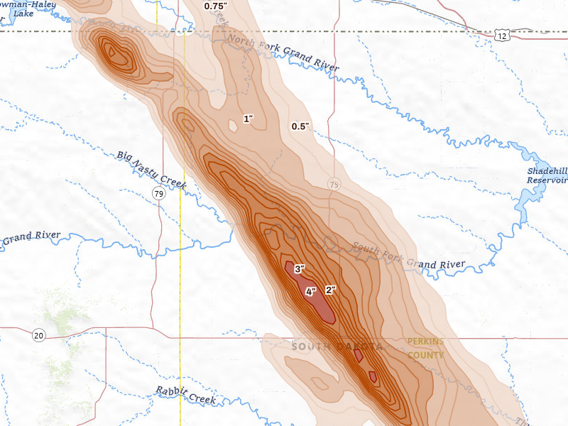 Radar-estimated hail-size map of the storm over Lodgepole, SD on Aug 10, 2026
