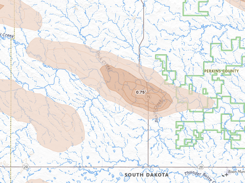 Radar-estimated hail-size map of the storm over Lodgepole, SD on Aug 17, 2026