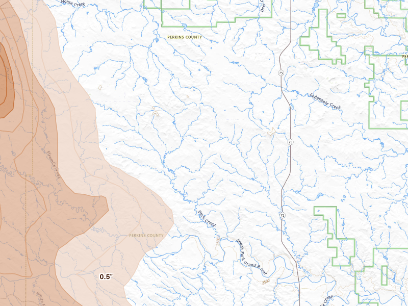 Radar-estimated hail-size map of the storm over Lodgepole, SD on Aug 23, 2026