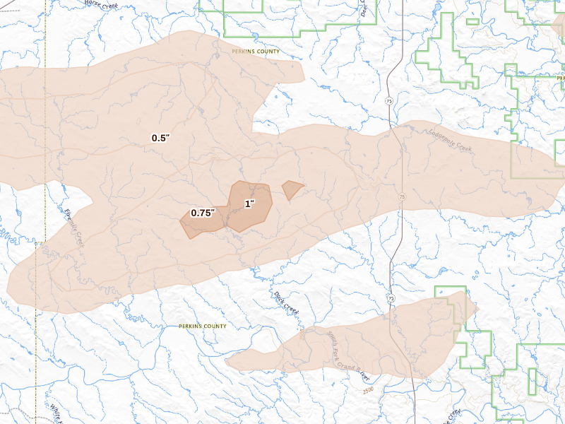 Radar-estimated hail-size map of the storm over Lodgepole, SD on Sep 23, 2026