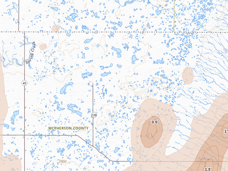Radar-estimated hail-size map of the storm over Long Lake, SD on May 31, 2026