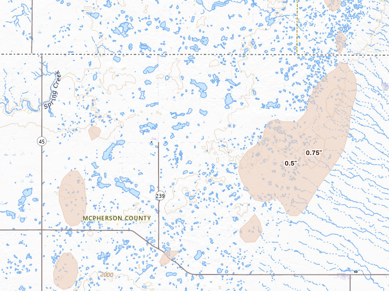 Radar-estimated hail-size map of the storm over Long Lake, SD on Jun 27, 2026