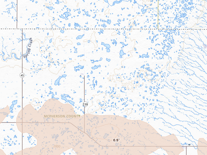 Radar-estimated hail-size map of the storm over Long Lake, SD on Jul 7, 2026