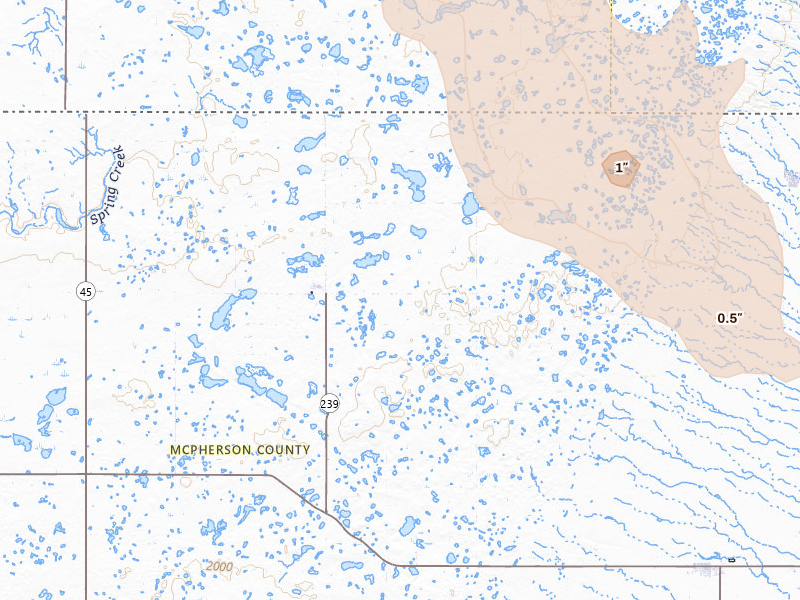 Radar-estimated hail-size map of the storm over Long Lake, SD on Jul 9, 2026