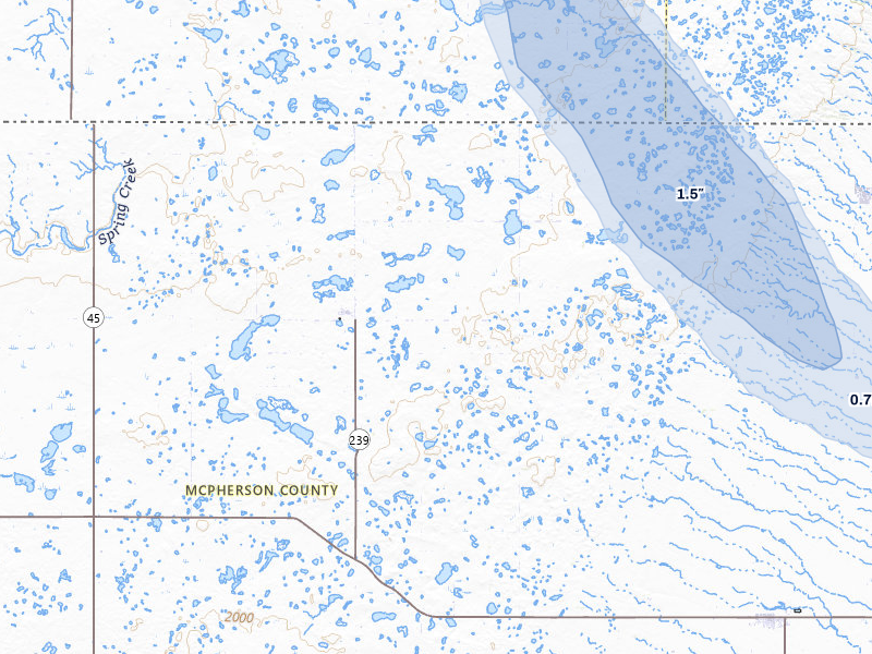 NEXRAD radar-signature map of the hail storm over Long Lake, SD on Jul 9, 2026