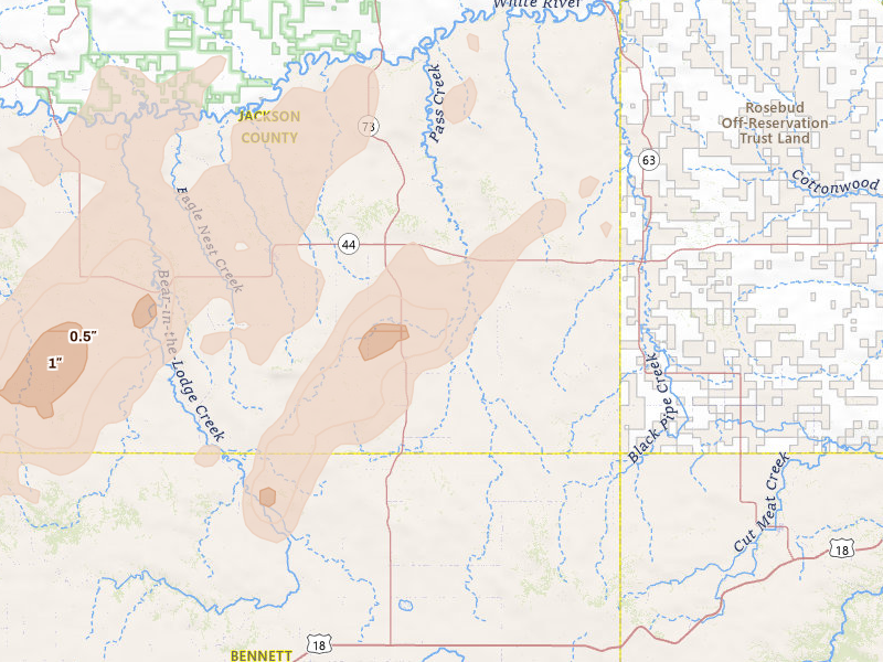 Radar-estimated hail-size map of the storm over Long Valley, SD on Jun 27, 2026