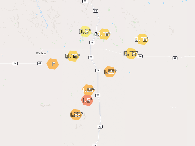 Hail map of Long Valley, SD on Jun 28, 2026, hail up to 1.5"