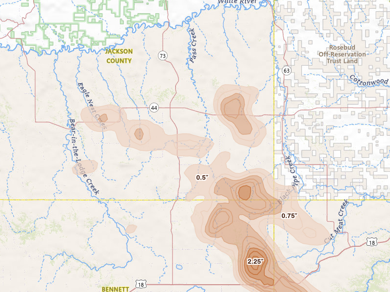 Radar-estimated hail-size map of the storm over Long Valley, SD on Jul 9, 2026