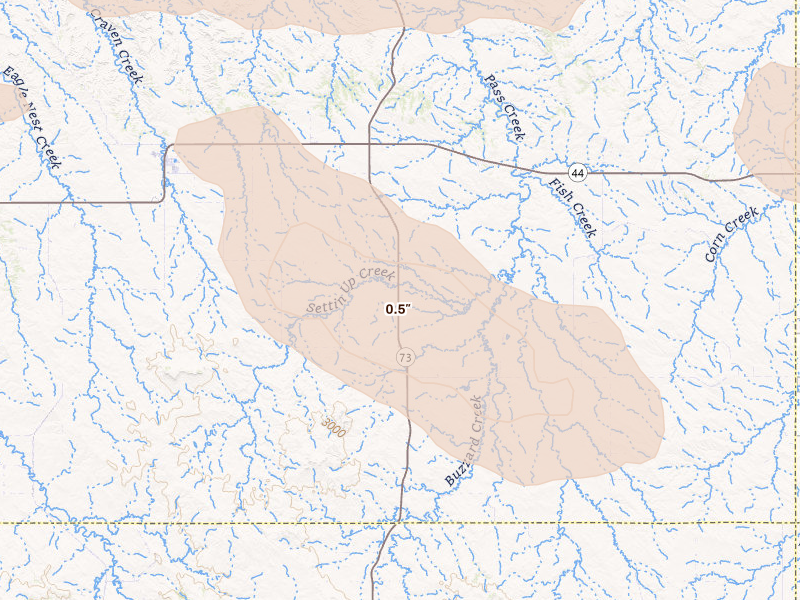 Radar-estimated hail-size map of the storm over Long Valley, SD on Aug 11, 2026