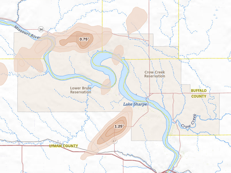 Radar-estimated hail-size map of the storm over Lower Brule, SD on Jun 2, 2026
