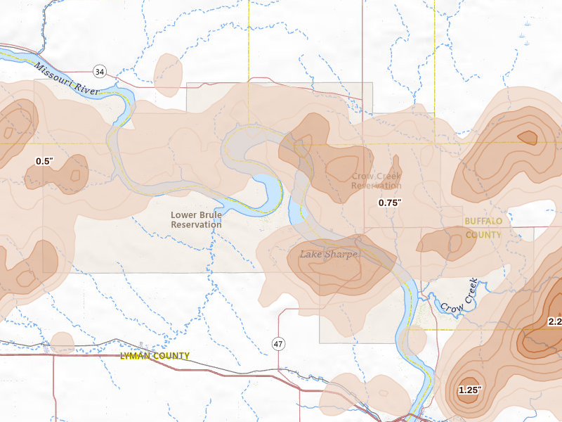 Radar-estimated hail-size map of the storm over Lower Brule, SD on Jul 2, 2026