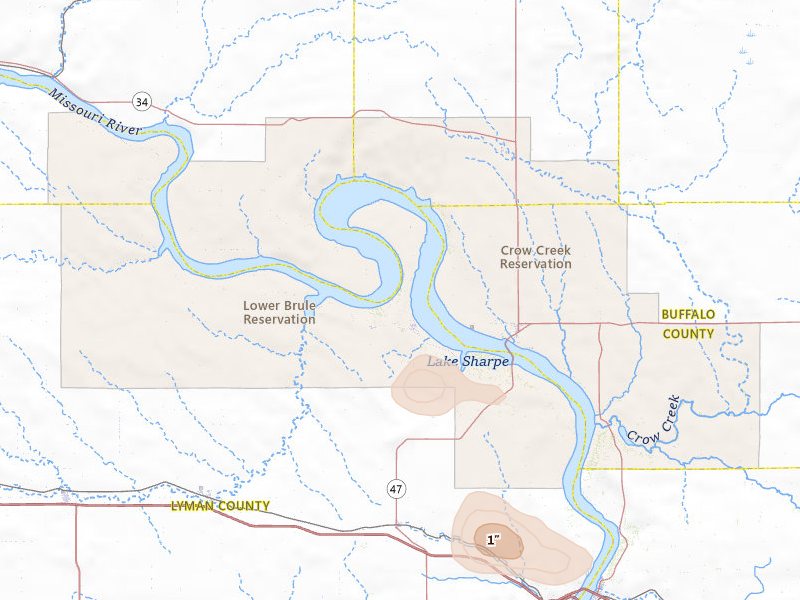 Radar-estimated hail-size map of the storm over Lower Brule, SD on Jul 6, 2026