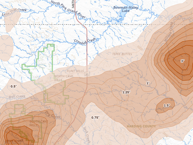 Radar-estimated hail-size map of the storm over Ludlow, SD on Jun 27, 2026